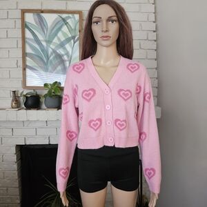 Urban Kids cardigan sweater Girls Large pink hearts v neck button down